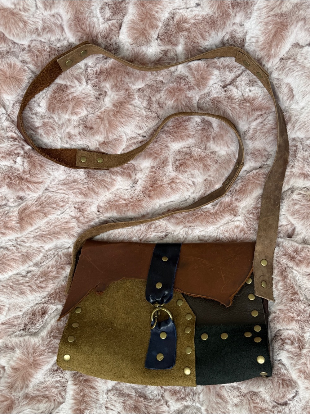 Patchwork Leather Crossbody Bag in Brown and Olive
